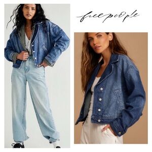 Free People We The Free Now or Never Cropped Denim Trucker Jacket S Boho Cowgirl